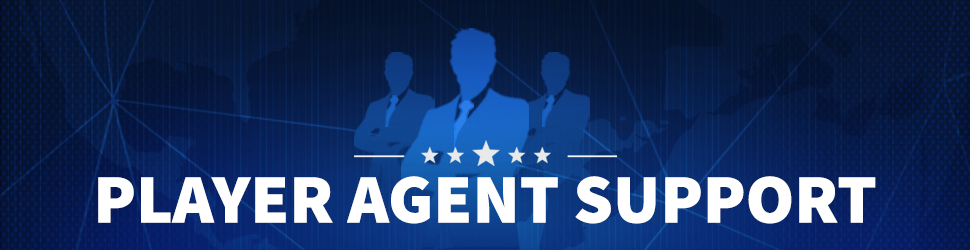 player agent support banner: Three guys wearing suits. Standin in center. Five stars are layered on top of them. On the bottom of the stars is a headline: Player Agent Support