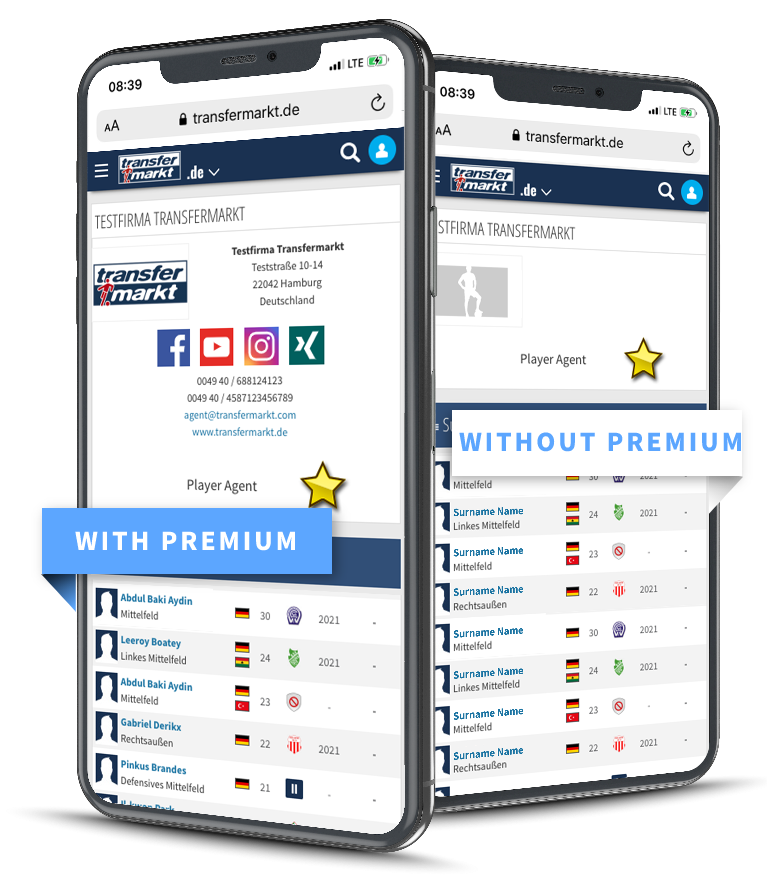 Transfermarkt website on two smartphones